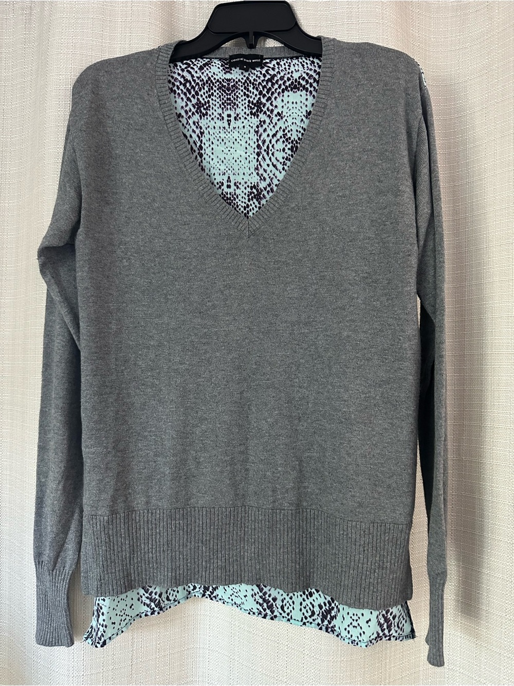 Central Park West Gray V-Neck Sweater with Mint Snakeskin Trim Side Zippers Sm